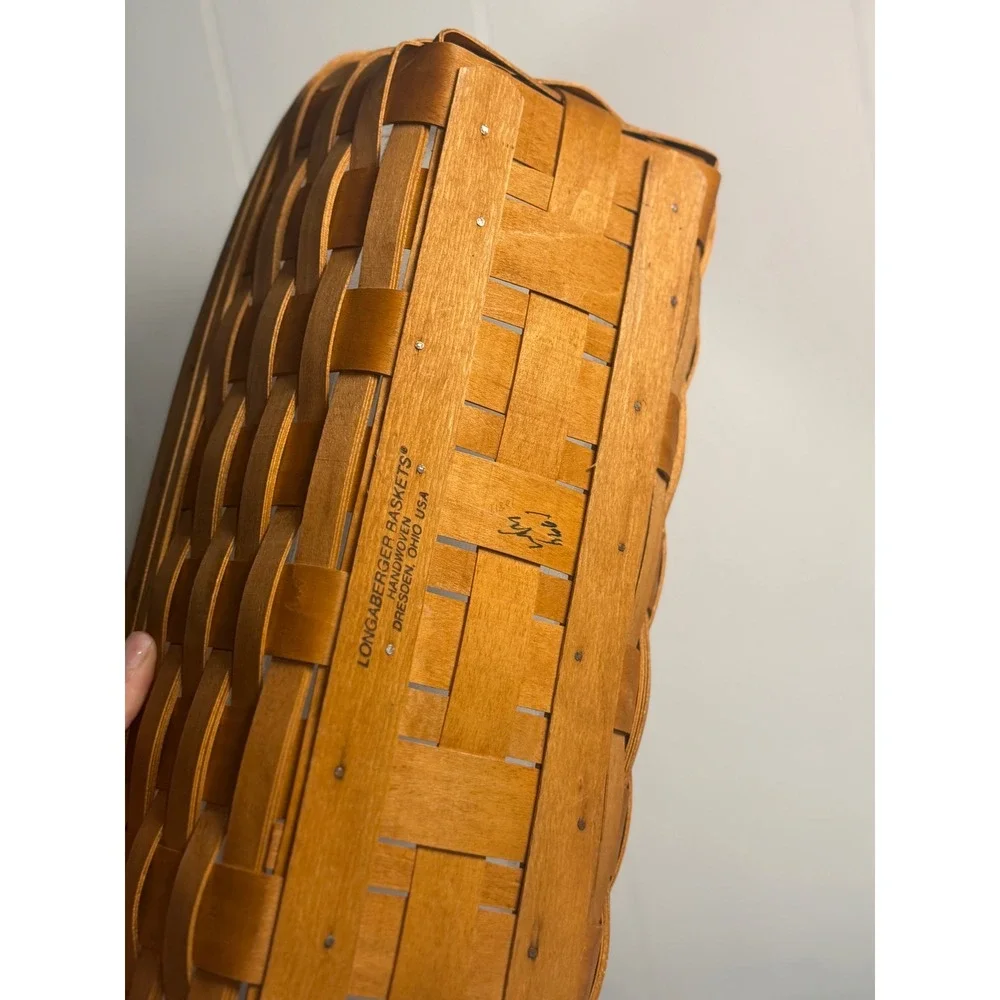 VTG Longaberger Basket Rectangle Brown Woven Leather Handles Plastic Liner‎ 1991
